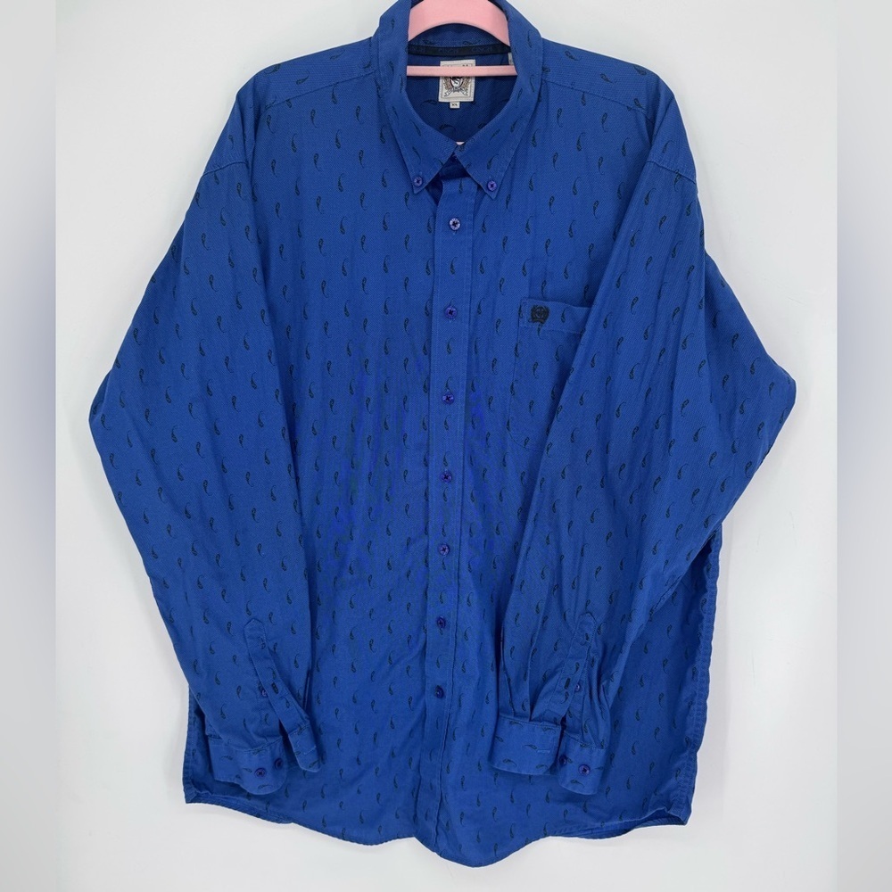 Cinch Men's Blue Button-Down Long Sleeve Dress Shirt Size XL 100% Cotton Western